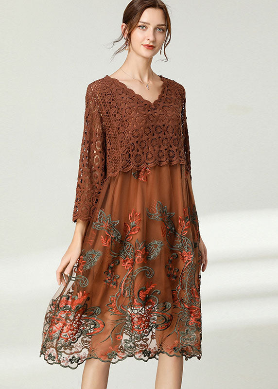 Chocolate Patchwork Lace Loose Dress Embroideried Spring