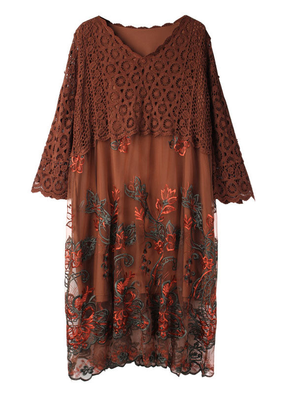 Chocolate Patchwork Lace Loose Dress Embroideried Spring