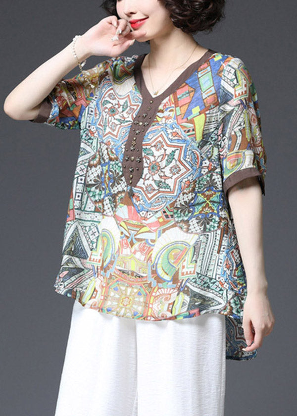 Chocolate Patchwork Loose Cotton Shirt Top Sequined Short Sleeve