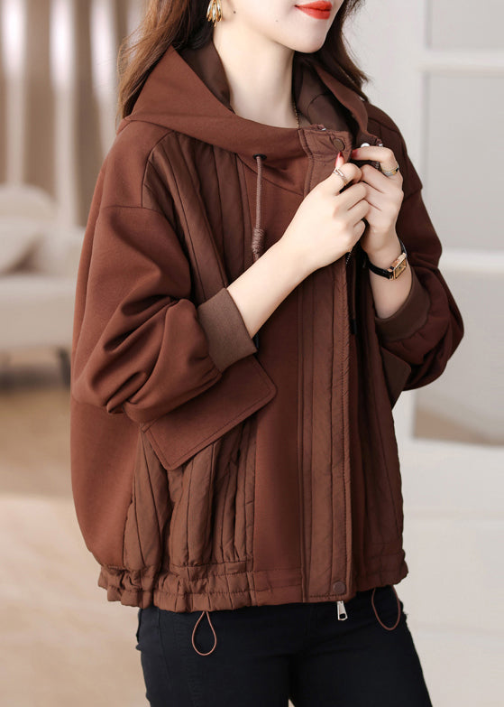 Coffee Patchwork Plus Size Cotton Hoodie Coat Drawstring Winter