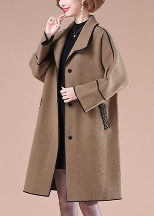 Coffee Patchwork Woolen Trench Coats Oversized Winter