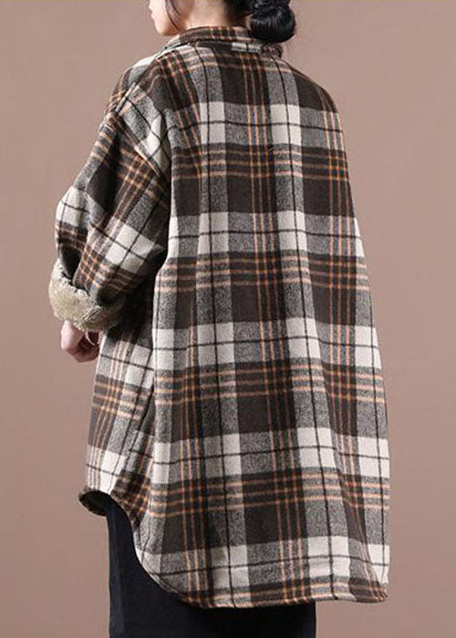 Coffee Plaid Fleece Wool gefütterte Oberbekleidung Bubikragen Winter