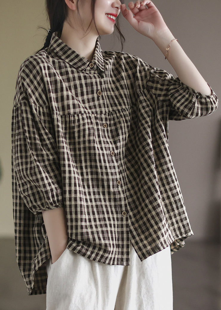 Chocolate Plaid Patchwork Linen Shirt Button Half Sleeve