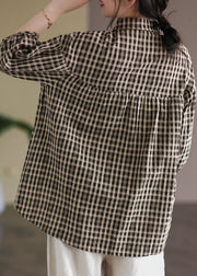 Chocolate Plaid Patchwork Linen Shirt Button Half Sleeve