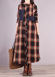 Coffee Plaid Warm Fleece Shirts Dresses Peter Pan Collar Button Fall