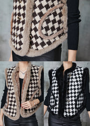 Coffee Plaid Warm Fleece Vests Pockets Spring