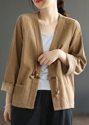 Coffee Pockets Patchwork Corduroy Coat V Neck Tasseled Fall