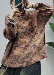 Chocolate Print Linen Loose Sweatshirt Stand Collar Long Sleeve