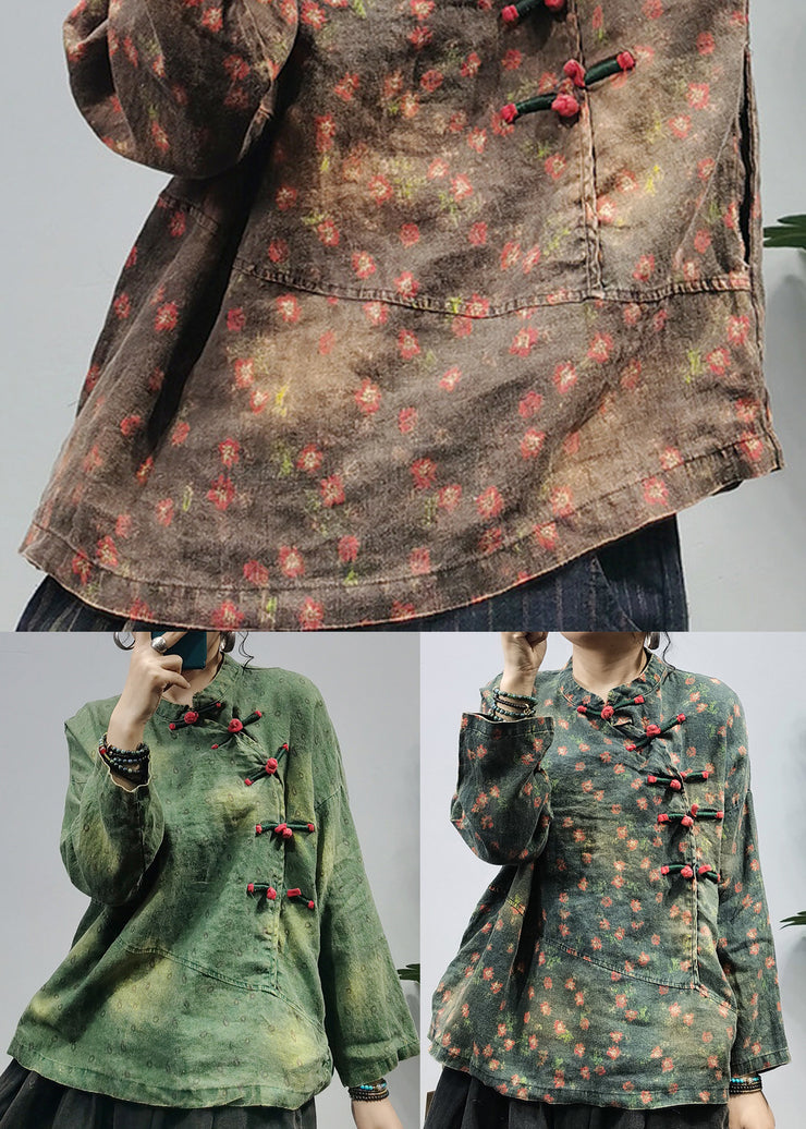 Chocolate Print Linen Loose Sweatshirt Stand Collar Long Sleeve