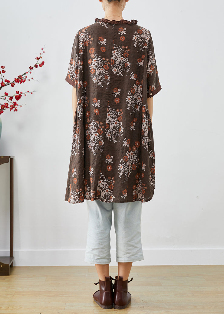 Coffee Print Linen Shirt Dresses Ruffled Summer