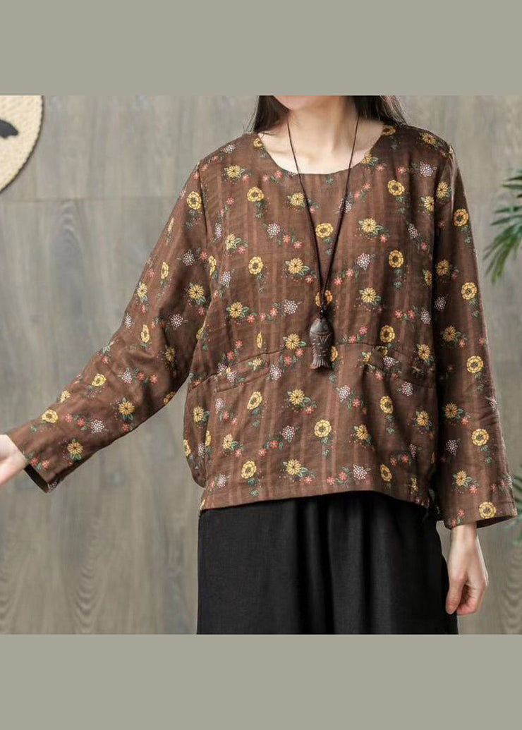 Coffee Print Pockets Patchwork Cotton T Shirts O Neck Fall