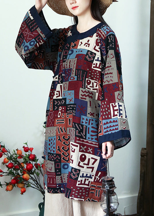 Coffee Side Open Patchwork Cotton Dresses O Neck Long Sleeve