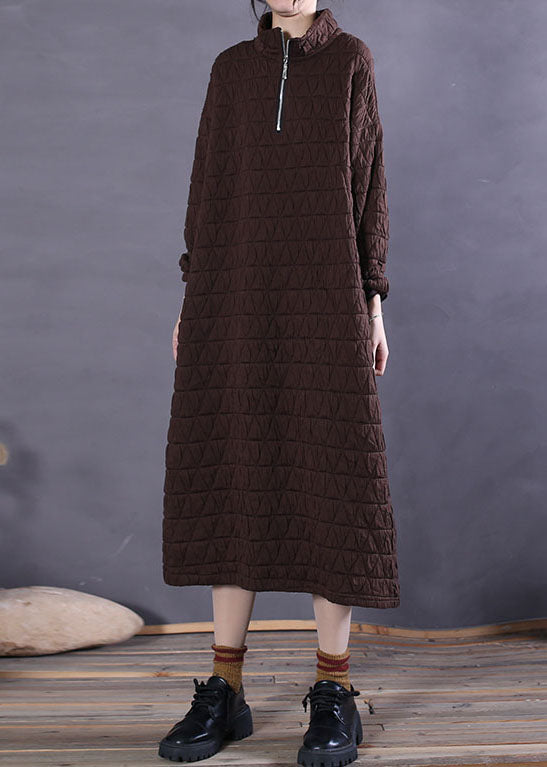 Kaffee Stehkragen Baumwolle Casual Langes Kleid Winter