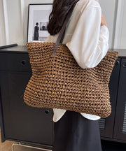 Coffee Straw Woven Satchel Bag Handbagdbag Patchwork Zip Up