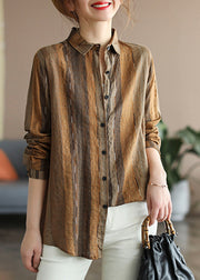 Chocolate Striped Print Shirts Button Long Sleeve