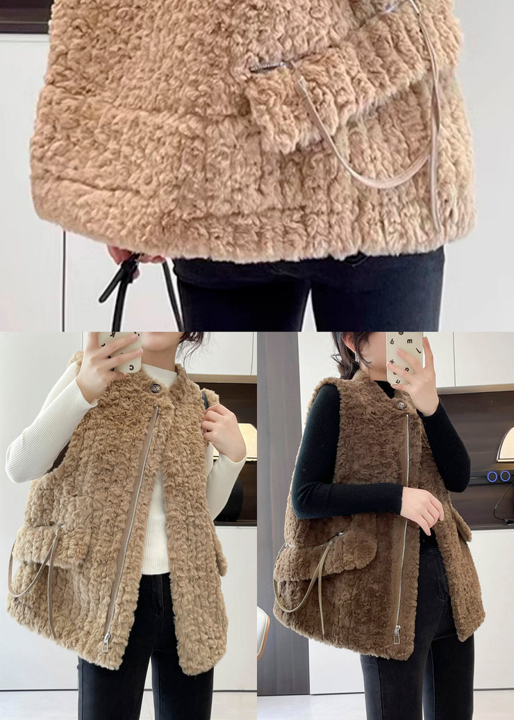 Coffee Thick Faux Fur Teddy Vests Zip Up Winter