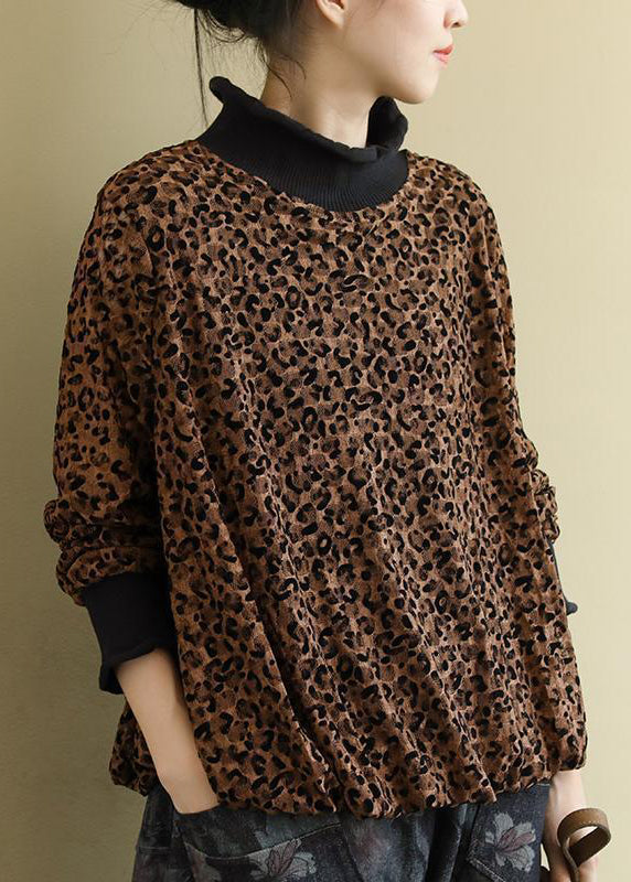 Chocolate Turtleneck Print Lace Top Long Sleeve