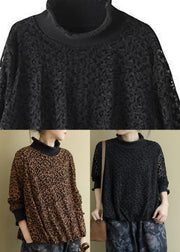 Chocolate Turtleneck Print Lace Top Long Sleeve