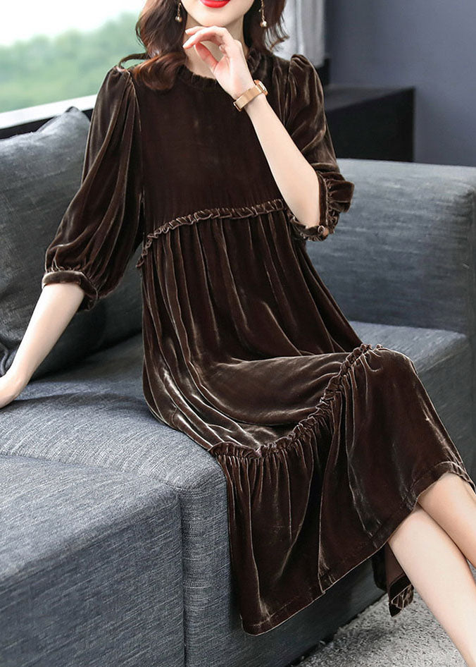 Chocolate Velour Vacation Dresses Ruffled Half Sleeve