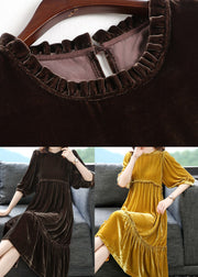 Chocolate Velour Vacation Dresses Ruffled Half Sleeve