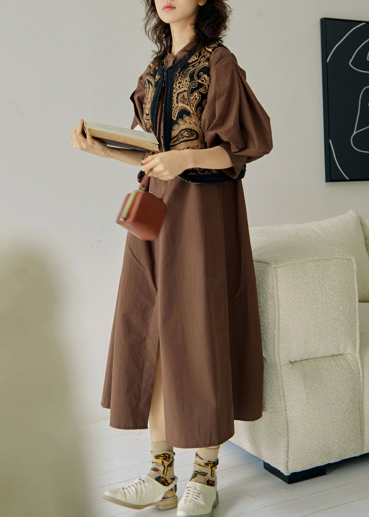 Coffee Wrinkled Cotton Long Dress Lantern Sleeve