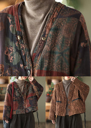 Colorblock Print Pockets Patchwork Cotton Coat V Neck Long Sleeve