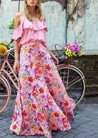 Colorful Floral Print Big Swing Elastic Waist Holiday Casual Long Skirt For Women - bagstylebliss