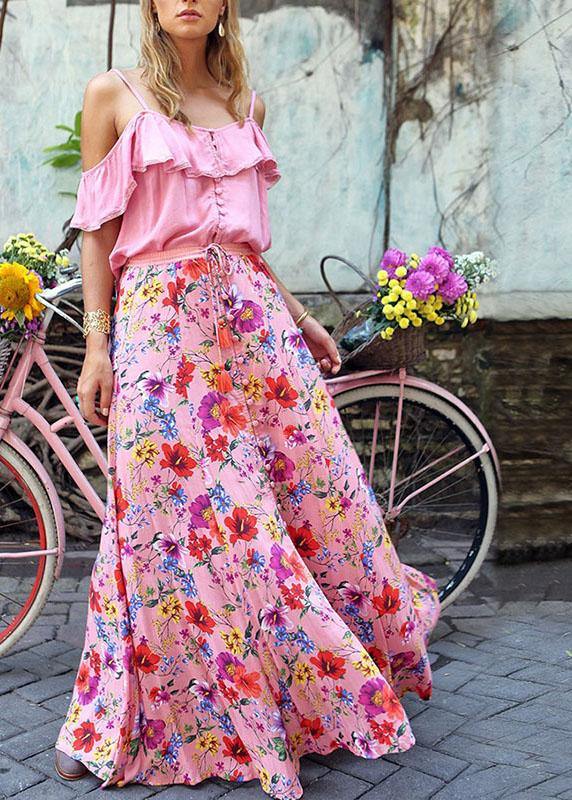 Colorful Floral Print Big Swing Elastic Waist Holiday Casual Long Skirt For Women - bagstylebliss