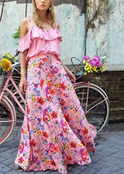 Colorful Floral Print Big Swing Elastic Waist Holiday Casual Long Skirt For Women - bagstylebliss