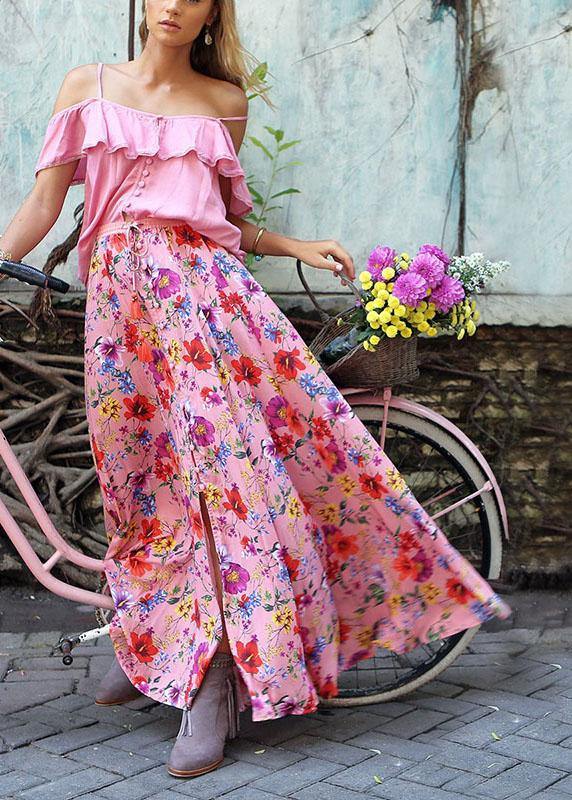 Colorful Floral Print Big Swing Elastic Waist Holiday Casual Long Skirt For Women - bagstylebliss