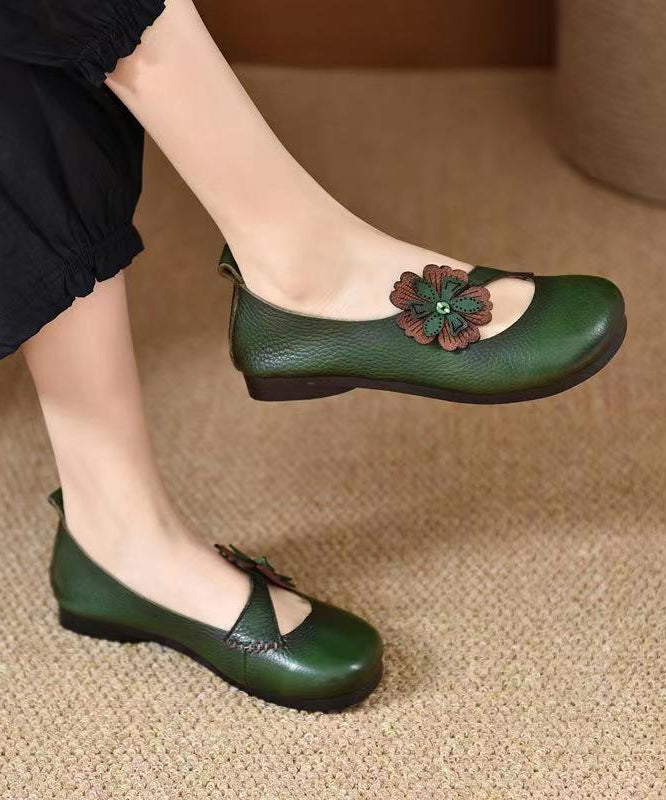 Comfortable Cowhide Leather Floral Splicing Green Flat Shoes For Women