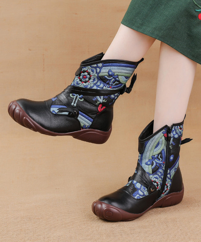 Comfortable Splicing Boots Black Retro Print Cowhide Leather