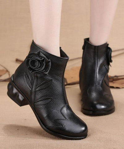 Comfortable Splicing Chunky Boots Black Cowhide Leather - bagstylebliss