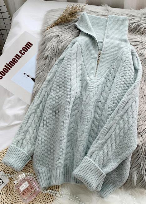 Comfy  light green knitted blouse trendy plus size high neck zippered knit tops - bagstylebliss