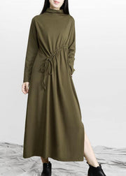 Comfy Army Green Drawstring Asymmetrical Design Side Open Dress Fall - bagstylebliss