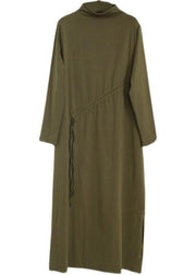 Comfy Army Green Drawstring Asymmetrical Design Side Open Dress Fall - bagstylebliss