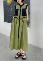 Comfy Army Green Patchwork Button Tie Waist Summer Long Dress - bagstylebliss