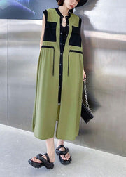 Comfy Army Green Patchwork Button Tie Waist Summer Long Dress - bagstylebliss