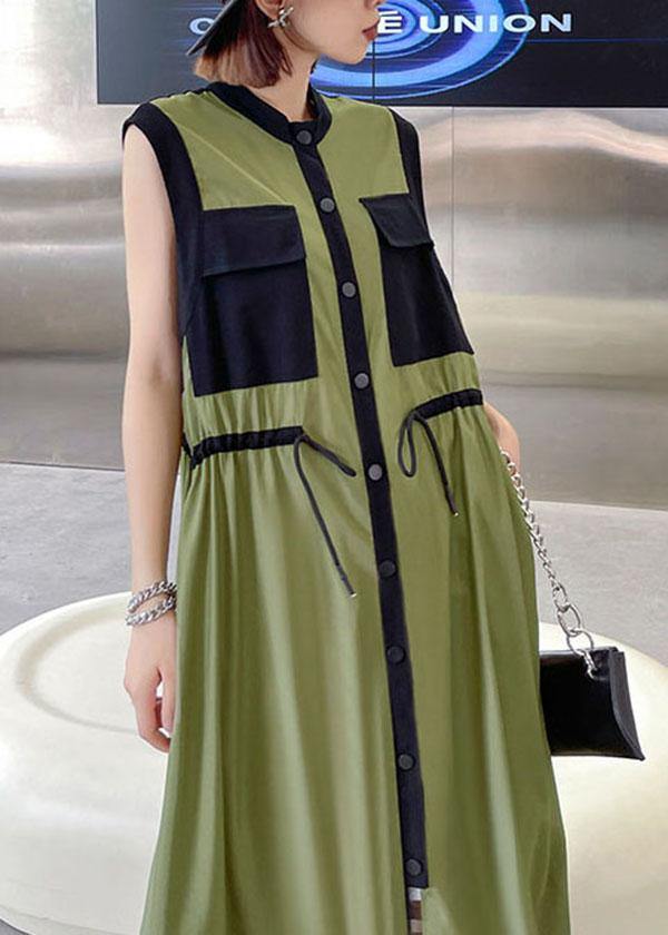 Comfy Army Green Patchwork Button Tie Waist Summer Long Dress - bagstylebliss