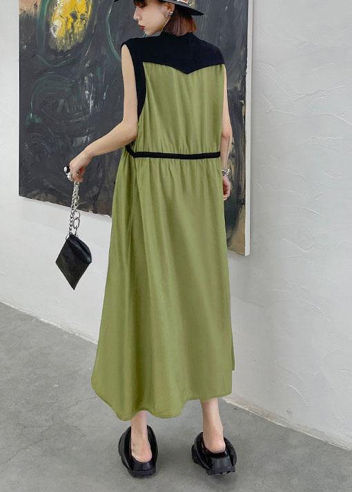 Comfy Army Green Patchwork Button Tie Waist Summer Long Dress - bagstylebliss