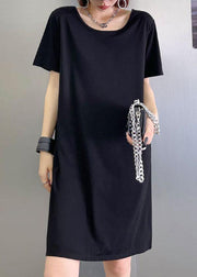 Comfy Black Backless U Neck Maxi Dresses Short Sleeve Cotton - bagstylebliss