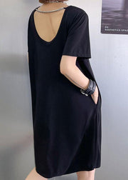 Comfy Black Backless U Neck Maxi Dresses Short Sleeve Cotton - bagstylebliss