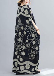 Comfy Black Bat Wing Sleeve Print V Neck Summer Cotton Maxi Dresses - bagstylebliss