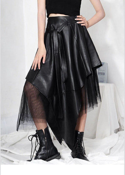 Comfy Black Patchwork Tulle Asymmetrical design PU Skirts - bagstylebliss