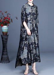 Comfy Black Print Summer Silk side open Dress - bagstylebliss