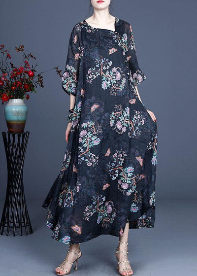 Comfy Black Retro Print Oriental Summer Chiffon Summer Dress - bagstylebliss