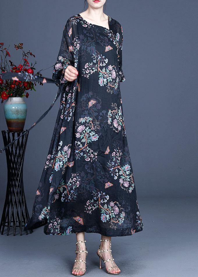 Comfy Black Retro Print Oriental Summer Chiffon Summer Dress - bagstylebliss