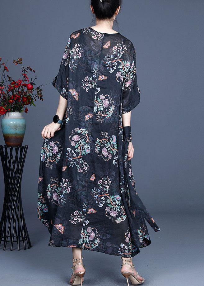 Comfy Black Retro Print Oriental Summer Chiffon Summer Dress - bagstylebliss