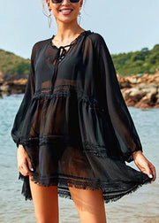 Comfy Black Ruffled Chiffon Long sleeve kimono robe  Vacation Dresses - bagstylebliss