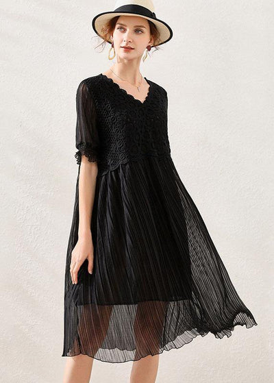 Comfy Black Wrinkled Patchwork Spring Short Sleeve Dress - bagstylebliss